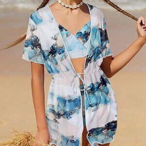 KANGKANG NWOT Teen Girl's size 15/16 Bikini/Coverup Set V Neck style Blue White